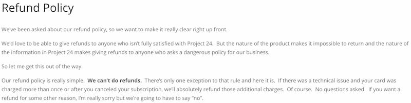 Income School Project 24 Refund Policy clearly states no refunds on the purchase of Project 24 - Income School Project 24 Review By A Current Student